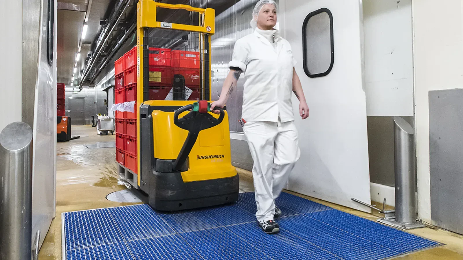 Cleaner soles and wheels at production entrances